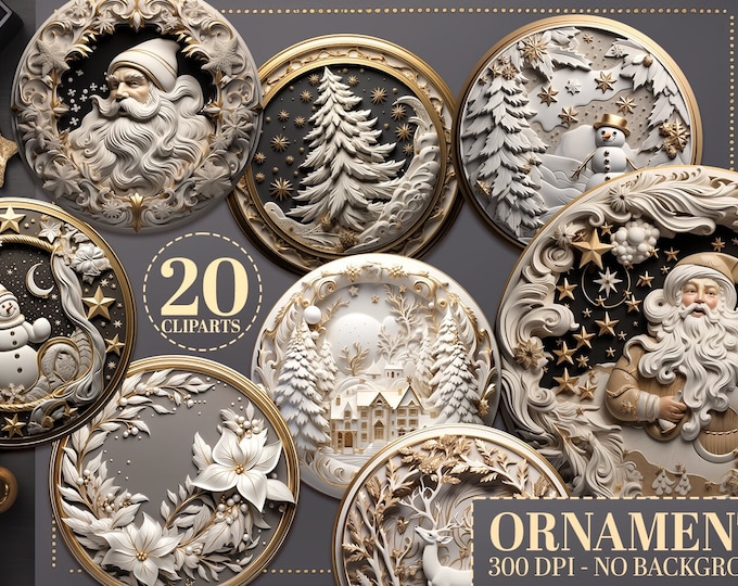 3D Gold Christmas Ornament Bundle: 20 PNGs, Festive Santa & Snowman, Round Xmas Tree Decor, Christmas, Jesus , Funny Holiday Clipart