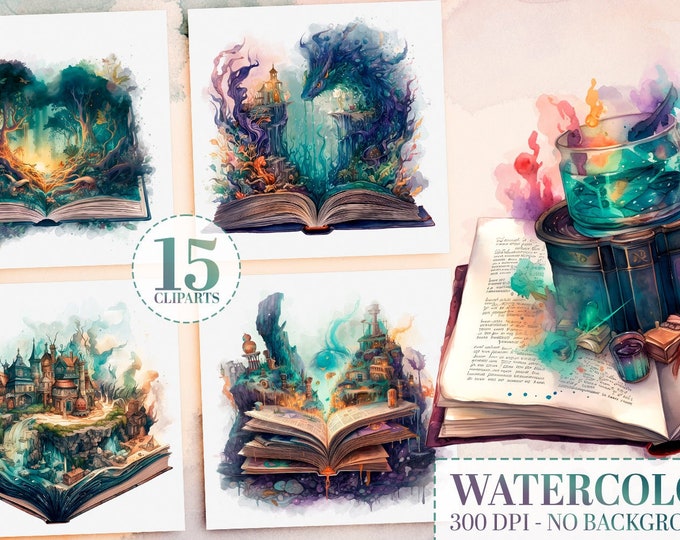 15 Watercolor Vintage Book Clipart Bundle, PNG Old Books, Fairytale & Magic Book Stack, Library, Reading Clipart, Bookstore, Commercial Use