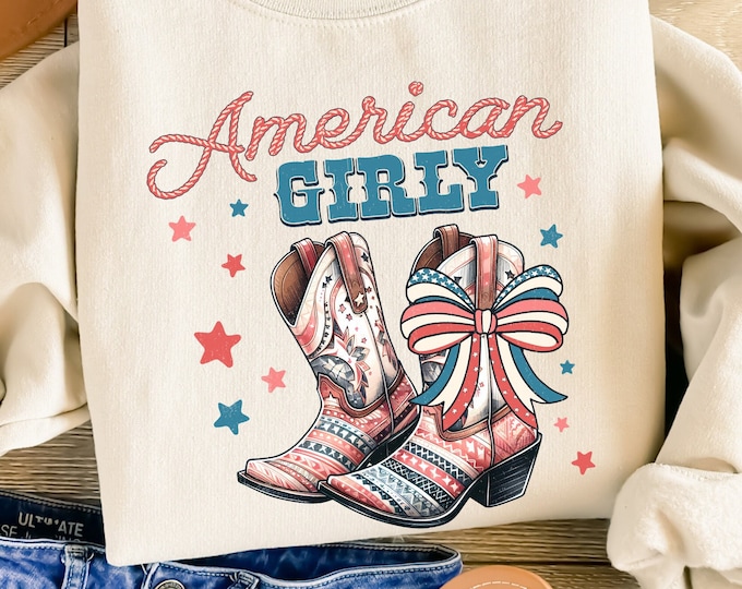 American Girly PNG, 4th of July Coquette, Retro America Designs, Western & Cowboy Styles, Cowgirl Boots, Patriotic Sublimation