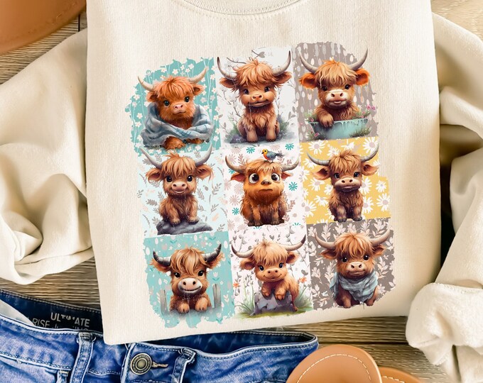 Retro Boho Highland Cow PNG, Floral Sublimation Design, Farmhouse & Cow Lover Themes, Mother's Day, Farm Clipart, Spring Floral Download