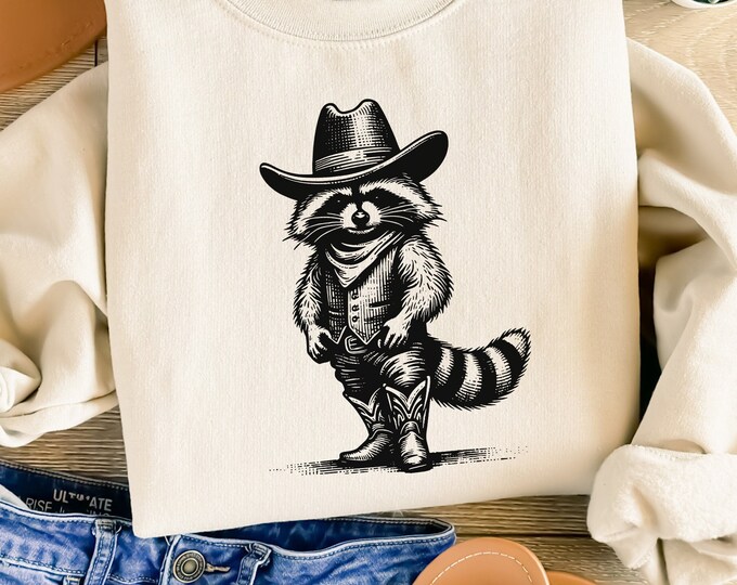 Western Raccoon PNG, Vintage Distressed Animal Lover Designs, Trash Panda & Cowboy Retro Graphics, Funny Weirdcore, 90s Tee Download