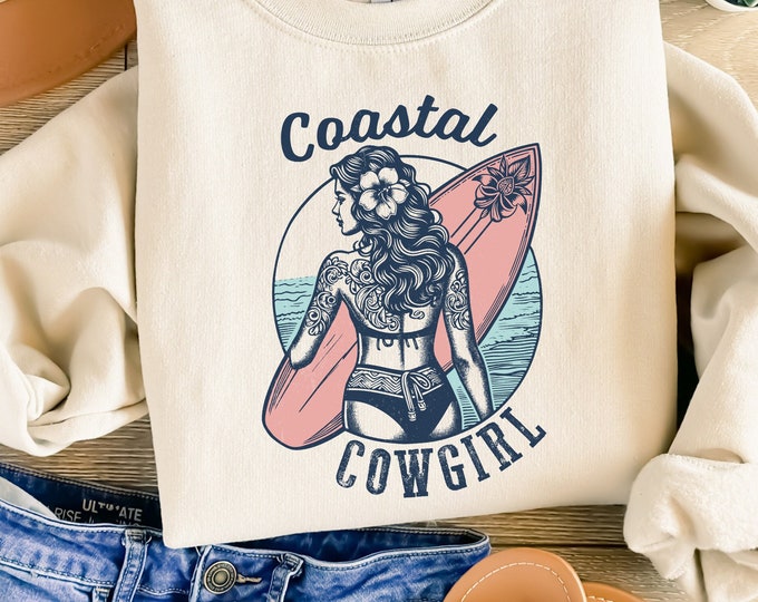 Retro Coastal Cowgirl PNG, Vintage Surf Girl Sublimation, Boho Western Surfboard T-Shirt, Beach Graphic, Country Western, Summer Shirt