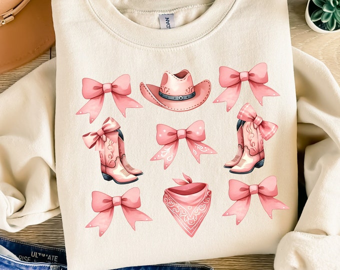 Coquette Cowgirl PNG Pink Ribbon Design, Western Sublimation Designs, Trendy Cowgirl Boots, Aesthetic Baby Tee, Y2K Graphic Instant Download
