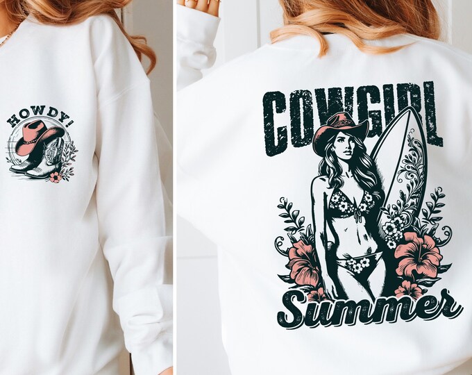 Cowgirl Summer PNG, Coastal Western Shirt Design, Retro Beach Cowgirl, Country Summer Vibes, Pink Cowgirl, Trendy Western Summer Sublimation