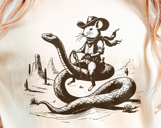 Mouse Cowboy riding Snake PNG, Whimsical Western Art, Cute Animal Illustration, Funny Rodeo Mouse, Snake Rider, Western Adventure