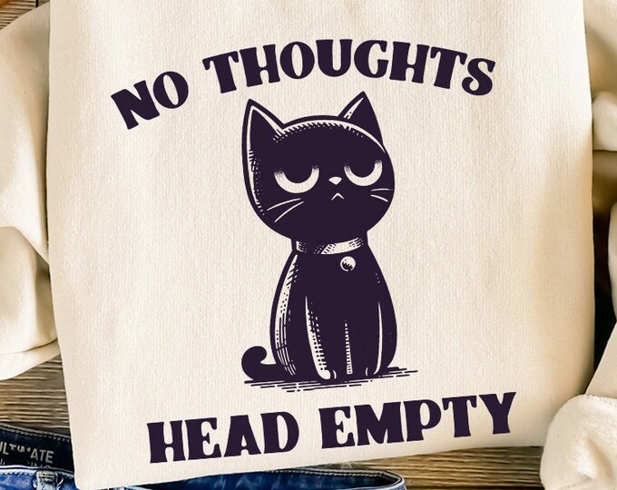 No Thoughts Head Empty Black Cat, Kawaii Funny Black Kitty, Holographic Digital Download, Cat Meme PNG