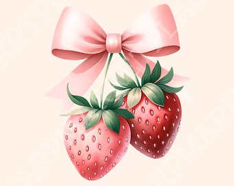 Coquette Strawberry Pink Bow PNG, Aesthetic Sublimation Design, Cottagecore Preppy PNG, Gift for Her, Soft Girl Digital Download