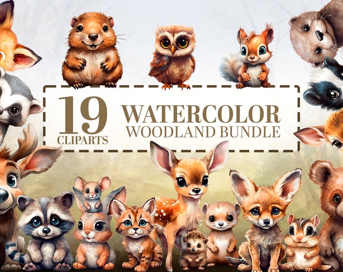 Woodland Animals Clipart Bundle - 19 Forest Animals PNG, Nursery Decor, Baby Shower, Cute Animal Illustrations, Commercial Use, Deer, Rabbit
