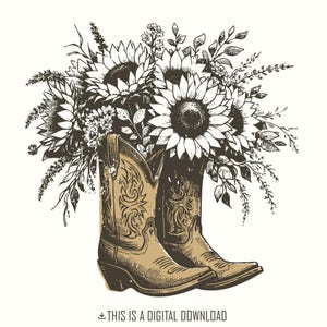Zonnebloem cowgirl laarzen png png, retro cowgirl boot clipart, vintage bloem western illustratie, westernbloemen ontwerp