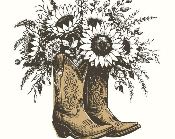 Sunflower Cowgirl Boots png PNG, Retro Cowgirl Boot Clipart, Vintage Flower Western Illustration, Western Flowers Design