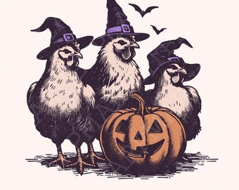 Spooky Chickens Halloween PNG, Fall PNG, Autumn Clipart, Sublimation Design, Chicken Design, Witch Chicken, Pumpkin Fall, Spooky Season PNG