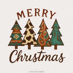 Joyeux Noël PNG, arbres de Noël bohème rustique PNG, vacances vintage, Noël du sud-ouest, peau de vache dessiné main, téléchargement numérique festif