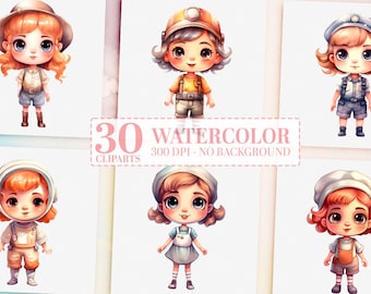 Ultimate Chibi Dolls Dream Jobs Clipart Bundle - 30 Cute Girls in Career Costumes, Commercial Use PNG, Sublimation Prints, Watercolour Dolls