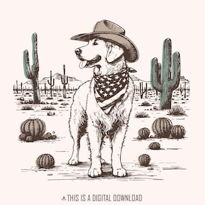 Illustration d'un chien cow-boy dans le désert, art canin occidental, chien portant un chapeau et un bandana dans un paysage de cactus, chien de campagne espiègle