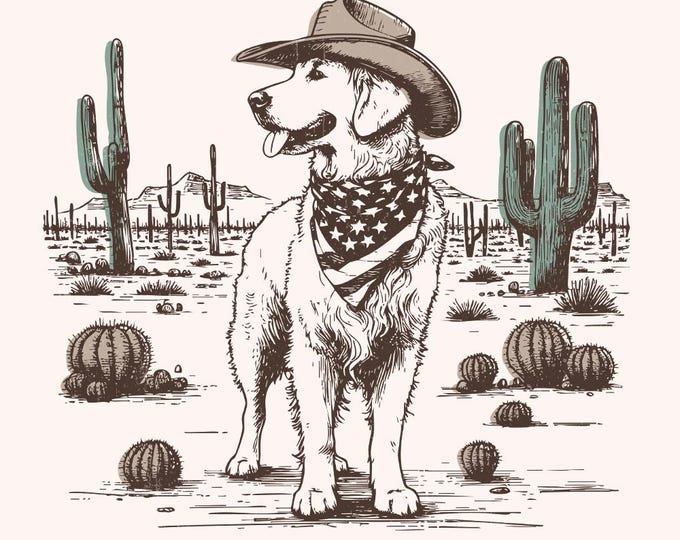 Cowboy Dog in Desert Illustration, Western Canine Art, Dog Wearing Hat and Bandana in Cactus Landscape, Playful Country Dog