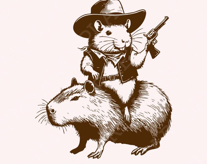 Funny Rat Riding Capybara Sketch, Vintage Animals png, Cute Capybara PNG, Cowboy Capybara png, Capybara Clipart, Instant Download