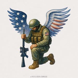 Amerikaanse soldaat Angel Man Bidden PNG, vlag van de VS, patriottische kunst, cadeau veteraan, Amerika trots, 4 juli, Stars and Stripes, Memorial Day