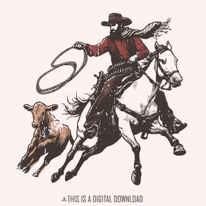 Lazo de vaquero retro PNG, arte de rodeo occidental, vaquero vintage PNG, escena del salvaje oeste, ilustración retro, vaquera PNG, diseño de vaquero y caballo