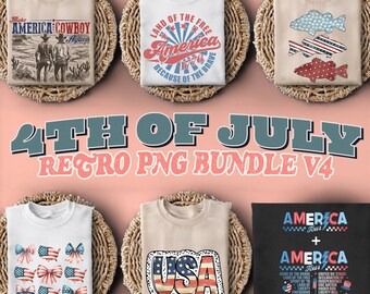 Patriotic 4th of July 6 PNGs Bundle, Retro Cowboy, Bass Fish, American Flag, Coquette, Dalmatian & More Independence Day Sublimation Designs