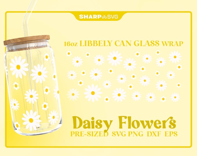 Daisy Flowers SVG Can Glass Wrap SVG • 16oz Glass Beer Can Cutfile • Can Template • digital files dxf eps png • Cricut • Silhouette