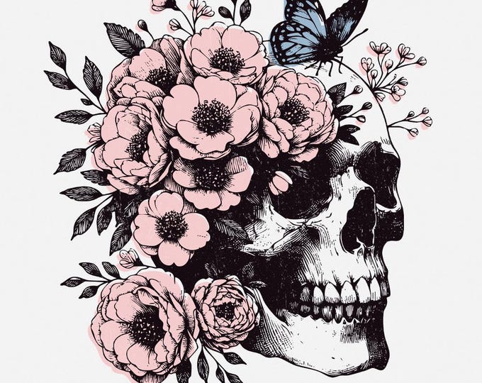 Floral Skull Clipart PNG, Skull Sublimation Art, Skeleton png, Floral Skull png, Skull with Roses, Digital Download, Skull Art