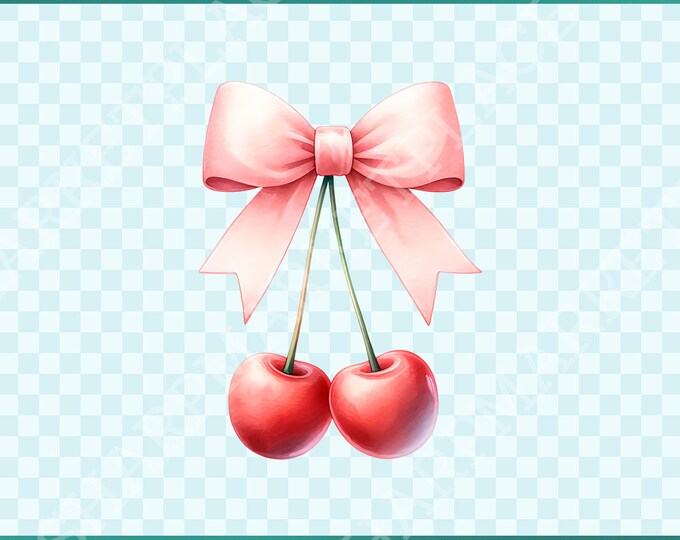 Cherry Bow PNG Trendy Coquette Valentine Design, Pink Ribbon Aesthetic Girly Sublimation, Digital Download, Shirt Design Bows and Cherries
