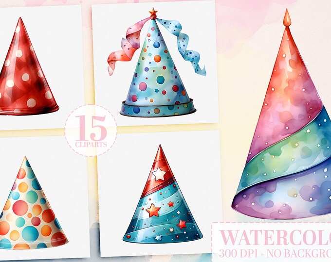 15 PNG Watercolor Party Hats Clipart: Birthday & Christmas Hat Collection, Digital Party Decor, Instant Download, Hat PNG