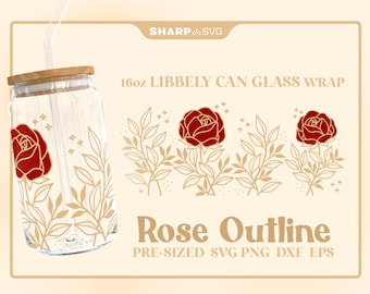Rose Outline SVG Can Glass Wrap SVG • 16oz Glass Beer Can Cutfile • Can Template • digital files dxf eps png • Cricut • Silhouette