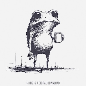 Rana sarcastica con tazza di caffè PNG, disegno di animali divertenti, arte di rane vintage, sublimazione di anfibi stravaganti, maglietta regalo per gli amanti del caffè