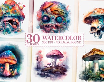 Watercolor Mystical Mushroom Clipart Bundle - 30 Unique Magical & Cosmic Mushrooms, Skull, Creature, Trippy, Fantasy, Occult PNGs