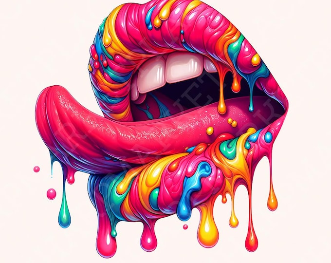 Rainbow Lips PNG, Dripping Lip clipart, Digital Download, Colorful PNG, Rainbow Lips Sublimation, kiss lips dtf design, Colors Oozing