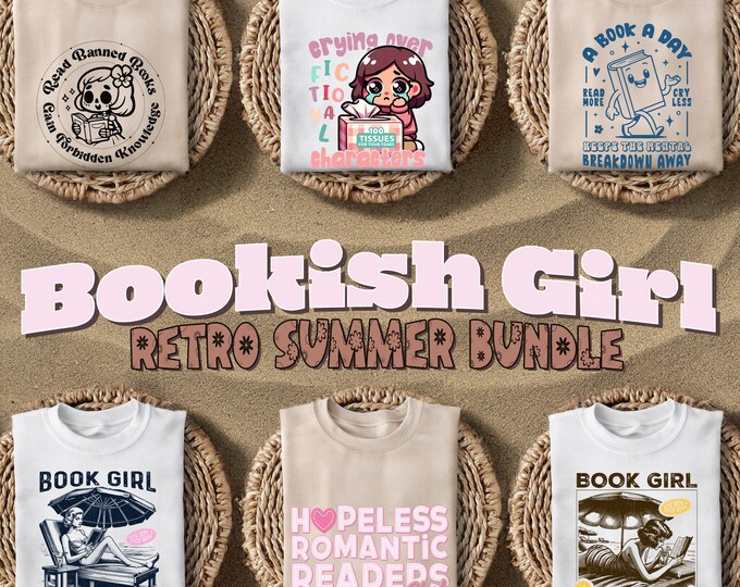 Bookish Girl Summer Bundle PNG, Retro Vintage Book Lover PNGs, Trendy Romance Books, Banned Books & Reading Clipart, Bookish Vacation