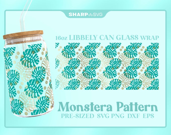 Monstera Outline Pattern Can Glass Wrap SVG • 16oz Glass Beer Can Cutfile • Can Template • digital files dxf eps png • Cricut • Silhouette
