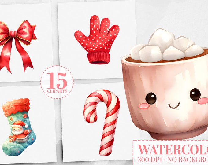 25 Watercolor Christmas Clipart Bundle: Festive Mittens, Stockings, Ribbons & Desserts - Xmas Cocoa, Junk Journal Elements, Holiday PNGs V1