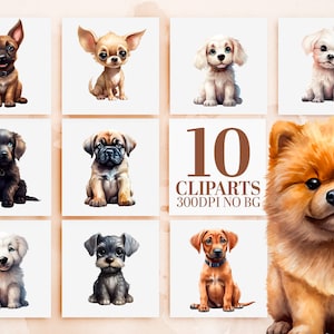 Watercolor Puppy Clipart Bundle - 10 Cute Dog Breeds, Printable Art, Sublimation PNG, Chihuahua, Mastiff, Maltese, and More - Commercial Use