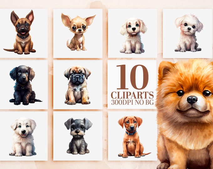 Watercolor Puppy Clipart Bundle - 10 Cute Dog Breeds, Printable Art, Sublimation PNG, Chihuahua, Mastiff, Maltese, and More - Commercial Use