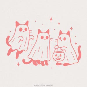 Lindos gatos fantasmas PNG, arte de gato de Halloween para pedir dulces, descarga digital de temporada espeluznante, gato negro de dibujos animados PNG de sublimación, Halloween retro