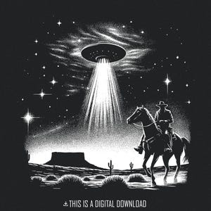 Cowboy OVNI PNG, vaisseau spatial extraterrestre rétro, design occidental vintage, art de science-fiction, scène du désert, téléchargement numérique, art noir et blanc