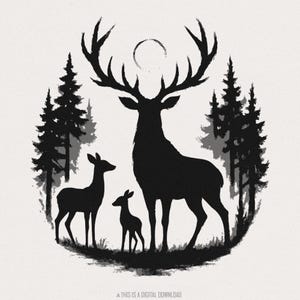 Silueta de ciervo PNG, Familia de ciervos en el bosque PNG, Arte vintage de vida silvestre, Impresión rústica de ciervos, Camiseta digital para acampar al aire libre