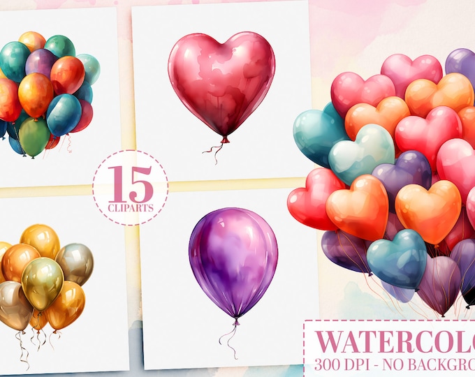 Watercolor Birthday Balloons Clipart Bundle: 15 Premium PNGs - Pastel & Colorful Balloons for Invitations, Nursery Art, Digital Crafting