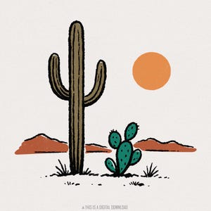 Cactus y sol del desierto PNG, Saguaro vintage del suroeste, Naturaleza PNG, Arte retro del oeste, Ilustración del lejano oeste, Descarga digital
