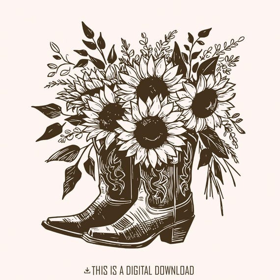 Sunflower Cowboy Boots Png PNG, Retro Cowgirl Boot Clipart