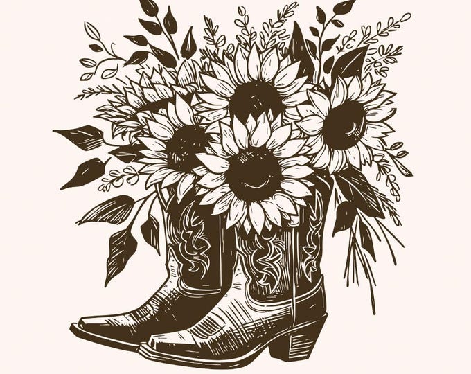 Sunflower Cowboy Boots png PNG, Retro Cowgirl Boot Clipart, Vintage Flower Western Illustration, Print Design