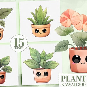 15 Kawaii Plants Watercolor Clipart Bundle, Cute Plant Stickers, Kawaii Potted Plant PNG Watercolor Graphics for Scrapbooking, Planner Decor