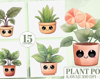 15 Kawaii Plants Watercolor Clipart Bundle, Cute Plant Stickers, Kawaii Potted Plant PNG Watercolor Graphics for Scrapbooking, Planner Decor