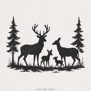 Famiglia di cervi in formato PNG, Natura della foresta boschiva in formato PNG, Design vintage di animali selvatici per maglietta, Arte rustica con albero di pino, Download digitale istantaneo