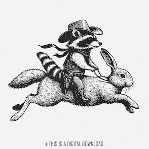 Cowboy raton laveur, équitation lapin PNG, aventure western drôle, dessin animalier design, ambiance country mignon, breloque unique de rodéo