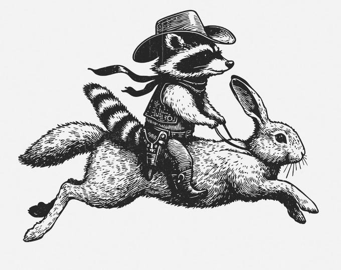 Cowboy Raccoon Riding Rabbit PNG, Funny Western Adventure, Cartoon Animal Design, Cute Country Vibes, Unique Rodeo Charm