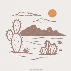 Cactus PNG, desierto PNG, montaña PNG, paisaje desértico bohemio, arte de cactus dibujado a mano, minimalista PNG, diseño de camiseta del suroeste, descarga digital