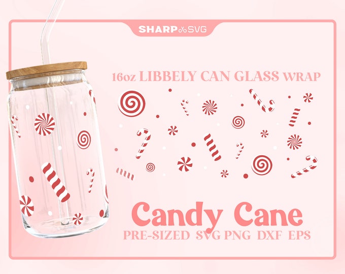 Candy Cane Can Glass Wrap SVG • 16oz Glass Beer Can Cutfile • Can Template • digital files dxf eps png • Cricut • Silhouette